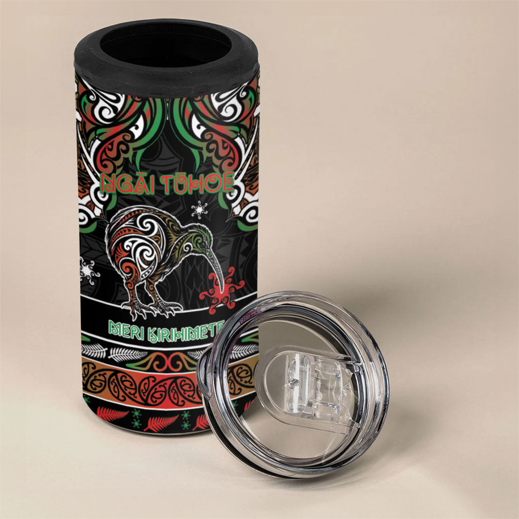 Personalised Ngai Tuhoe Aotearoa Meri Kirihimete 4 in 1 Can Cooler Tumbler Maori Kiwi Bird Silver Fern Koru Pattern