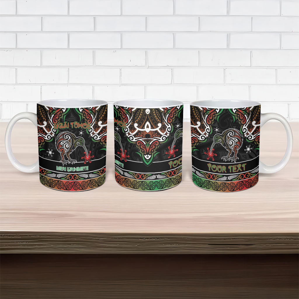 Personalised Ngai Tuhoe Aotearoa Meri Kirihimete Ceramic Mug Maori Kiwi Bird Silver Fern Koru Pattern