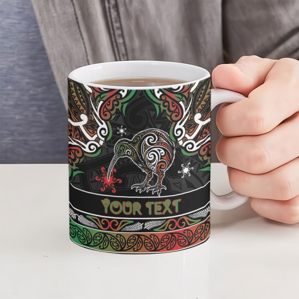 Personalised Ngai Tuhoe Aotearoa Meri Kirihimete Ceramic Mug Maori Kiwi Bird Silver Fern Koru Pattern
