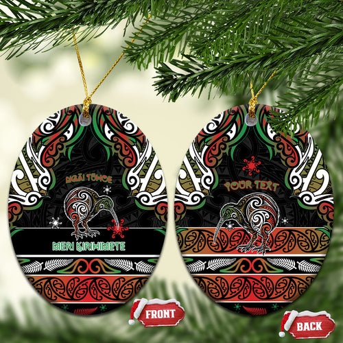 Personalised Ngai Tuhoe Aotearoa Meri Kirihimete Ceramic Ornament Maori Kiwi Bird Silver Fern Koru Pattern