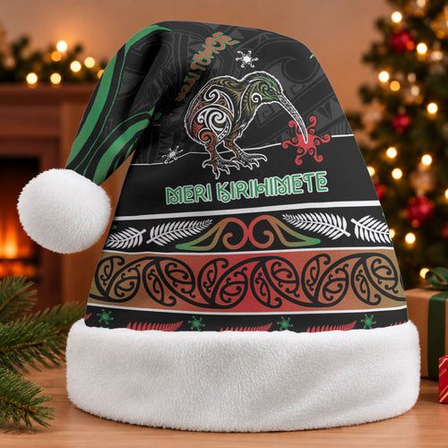 Personalised Ngai Tuhoe Aotearoa Meri Kirihimete Christmas Santa Hat Maori Kiwi Bird Silver Fern Koru Pattern