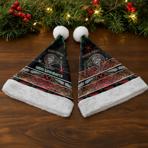 Personalised Ngai Tuhoe Aotearoa Meri Kirihimete Christmas Santa Hat Maori Kiwi Bird Silver Fern Koru Pattern