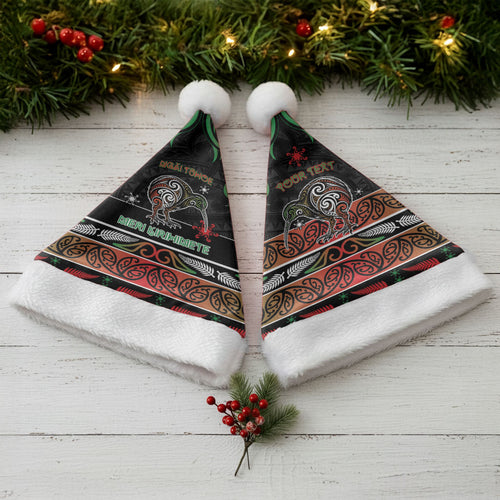 Personalised Ngai Tuhoe Aotearoa Meri Kirihimete Christmas Santa Hat Maori Kiwi Bird Silver Fern Koru Pattern