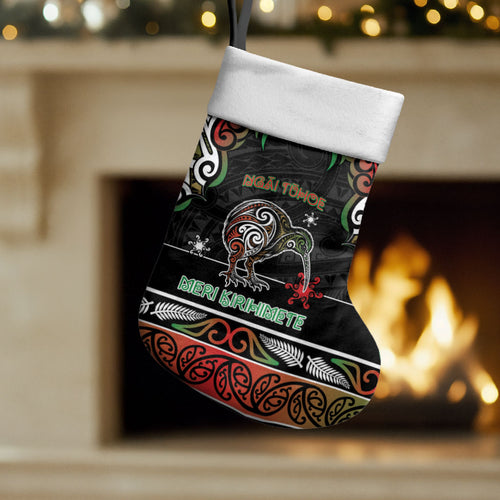Personalised Ngai Tuhoe Aotearoa Meri Kirihimete Christmas Stocking Maori Kiwi Bird Silver Fern Koru Pattern