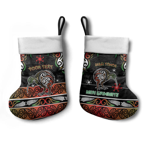 Personalised Ngai Tuhoe Aotearoa Meri Kirihimete Christmas Stocking Maori Kiwi Bird Silver Fern Koru Pattern