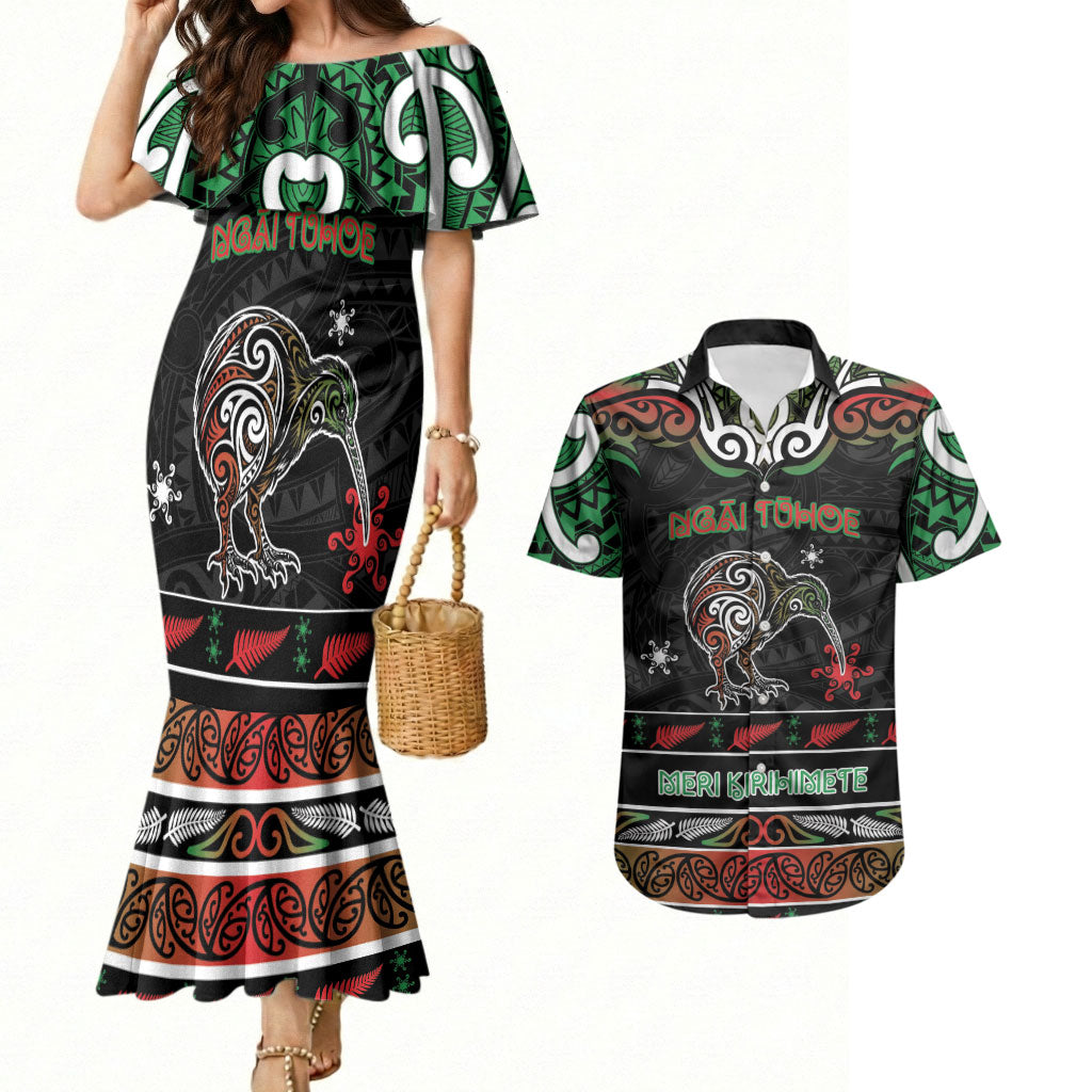 Personalised Ngai Tuhoe Aotearoa Meri Kirihimete Couples Matching Mermaid Dress and Hawaiian Shirt Maori Kiwi Bird Silver Fern Koru Pattern