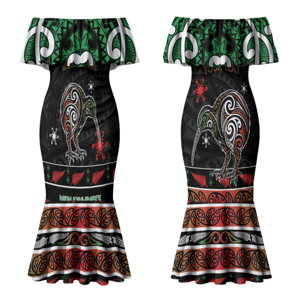 Personalised Ngai Tuhoe Aotearoa Meri Kirihimete Couples Matching Mermaid Dress and Hawaiian Shirt Maori Kiwi Bird Silver Fern Koru Pattern