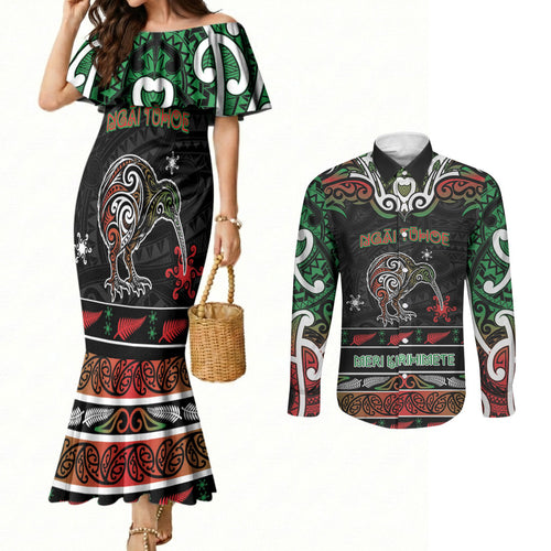 Personalised Ngai Tuhoe Aotearoa Meri Kirihimete Couples Matching Mermaid Dress and Long Sleeve Button Shirt Maori Kiwi Bird Silver Fern Koru Pattern