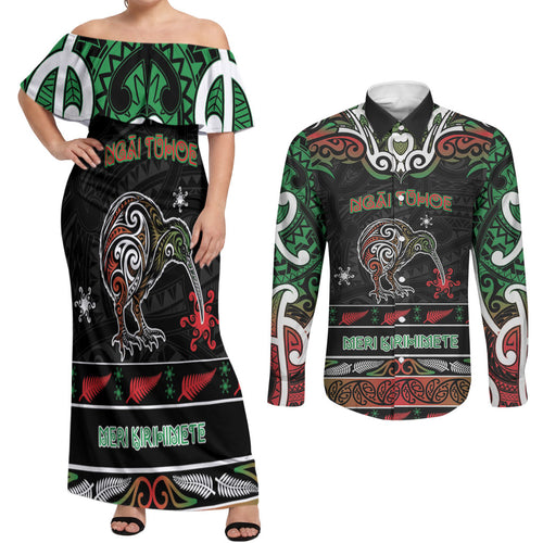 Personalised Ngai Tuhoe Aotearoa Meri Kirihimete Couples Matching Off Shoulder Maxi Dress and Long Sleeve Button Shirt Maori Kiwi Bird Silver Fern Koru Pattern
