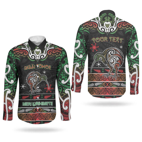 Personalised Ngai Tuhoe Aotearoa Meri Kirihimete Couples Matching Off Shoulder Maxi Dress and Long Sleeve Button Shirt Maori Kiwi Bird Silver Fern Koru Pattern