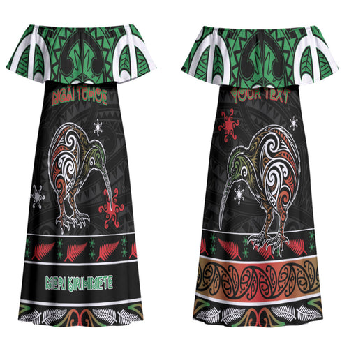Personalised Ngai Tuhoe Aotearoa Meri Kirihimete Couples Matching Off Shoulder Maxi Dress and Long Sleeve Button Shirt Maori Kiwi Bird Silver Fern Koru Pattern