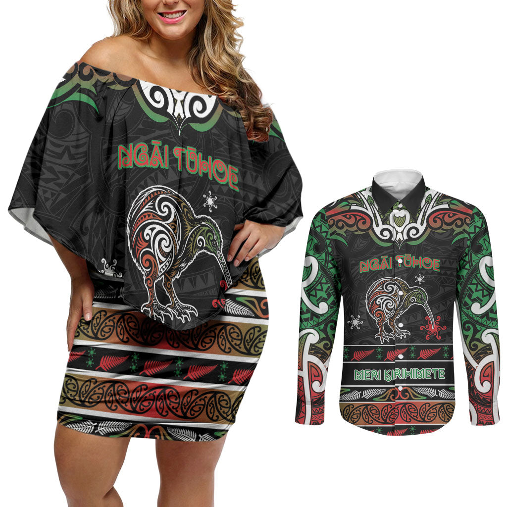 Personalised Ngai Tuhoe Aotearoa Meri Kirihimete Couples Matching Off Shoulder Short Dress and Long Sleeve Button Shirt Maori Kiwi Bird Silver Fern Koru Pattern