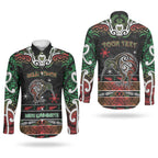 Personalised Ngai Tuhoe Aotearoa Meri Kirihimete Couples Matching Off Shoulder Short Dress and Long Sleeve Button Shirt Maori Kiwi Bird Silver Fern Koru Pattern