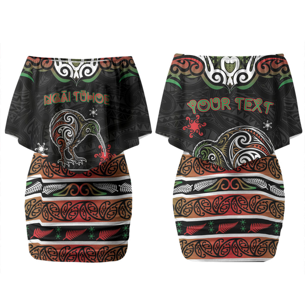Personalised Ngai Tuhoe Aotearoa Meri Kirihimete Couples Matching Off Shoulder Short Dress and Long Sleeve Button Shirt Maori Kiwi Bird Silver Fern Koru Pattern