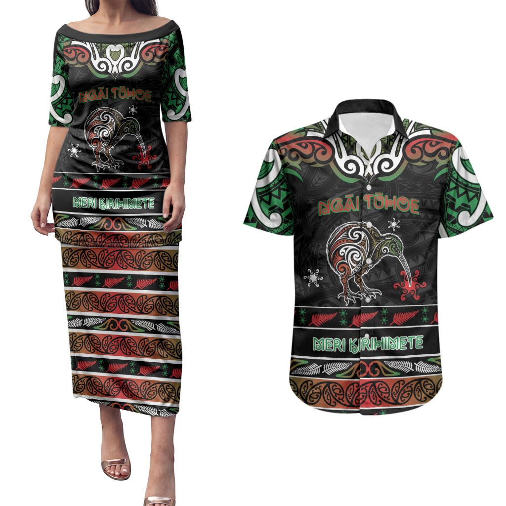 Personalised Ngai Tuhoe Aotearoa Meri Kirihimete Couples Matching Puletasi and Hawaiian Shirt Maori Kiwi Bird Silver Fern Koru Pattern