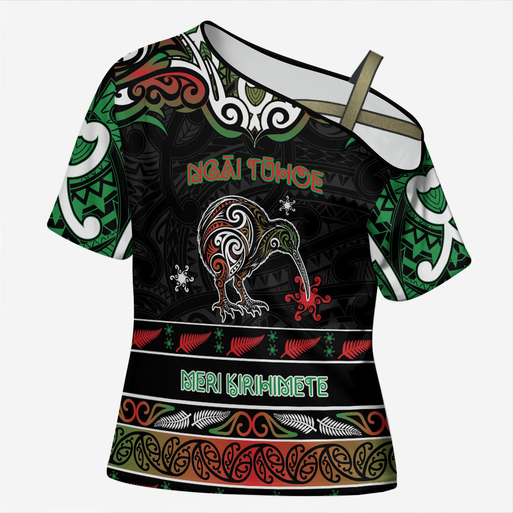 Personalised Ngai Tuhoe Aotearoa Meri Kirihimete Cross Shoulder Shirt Maori Kiwi Bird Silver Fern Koru Pattern