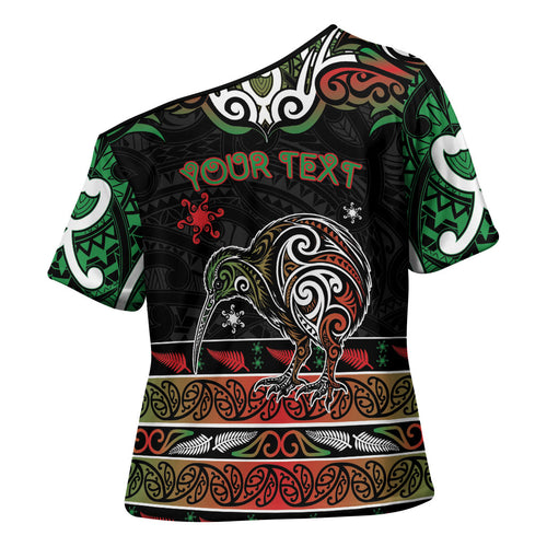 Personalised Ngai Tuhoe Aotearoa Meri Kirihimete Cross Shoulder Shirt Maori Kiwi Bird Silver Fern Koru Pattern
