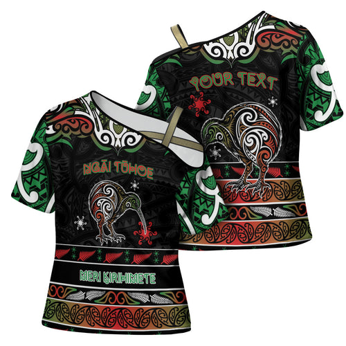 Personalised Ngai Tuhoe Aotearoa Meri Kirihimete Cross Shoulder Shirt Maori Kiwi Bird Silver Fern Koru Pattern