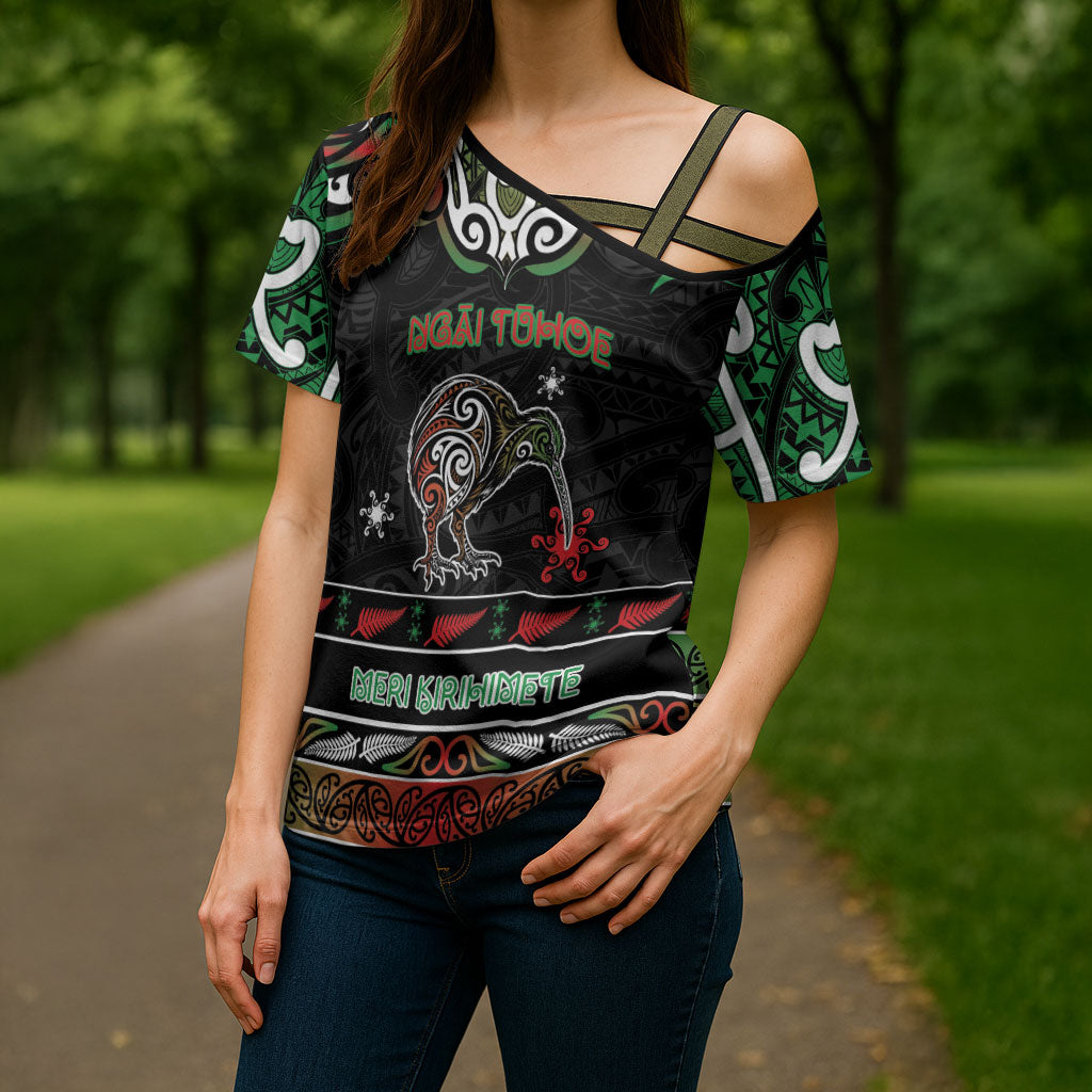 Personalised Ngai Tuhoe Aotearoa Meri Kirihimete Cross Shoulder Shirt Maori Kiwi Bird Silver Fern Koru Pattern