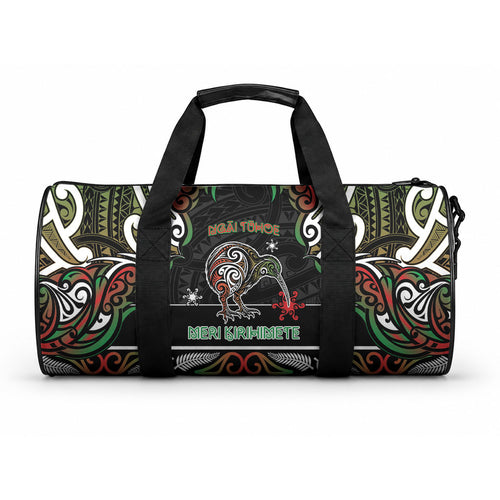 Ngai Tuhoe Aotearoa Meri Kirihimete Duffle Bag Maori Kiwi Bird Silver Fern Koru Pattern