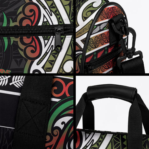 Ngai Tuhoe Aotearoa Meri Kirihimete Duffle Bag Maori Kiwi Bird Silver Fern Koru Pattern