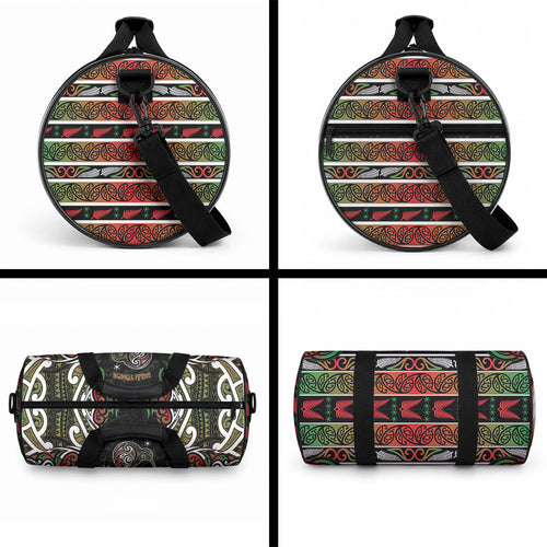 Ngai Tuhoe Aotearoa Meri Kirihimete Duffle Bag Maori Kiwi Bird Silver Fern Koru Pattern