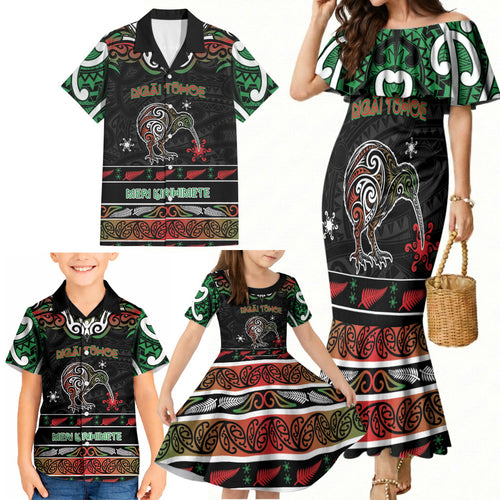 Personalised Ngai Tuhoe Aotearoa Meri Kirihimete Family Matching Mermaid Dress and Hawaiian Shirt Maori Kiwi Bird Silver Fern Koru Pattern