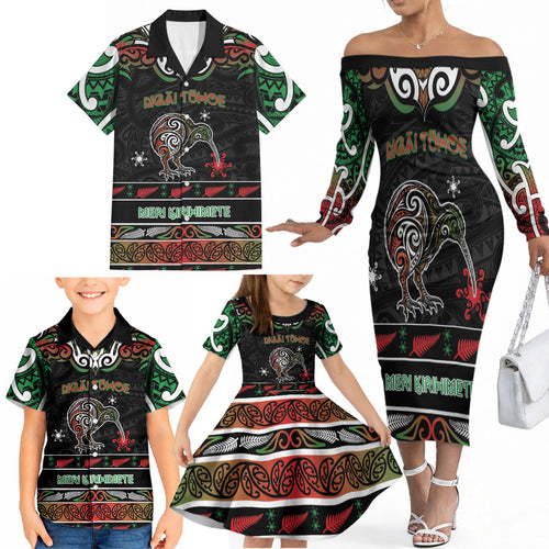 Personalised Ngai Tuhoe Aotearoa Meri Kirihimete Family Matching Off The Shoulder Long Sleeve Dress and Hawaiian Shirt Maori Kiwi Bird Silver Fern Koru Pattern