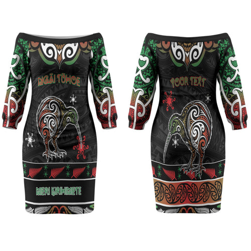 Personalised Ngai Tuhoe Aotearoa Meri Kirihimete Family Matching Off The Shoulder Long Sleeve Dress and Hawaiian Shirt Maori Kiwi Bird Silver Fern Koru Pattern