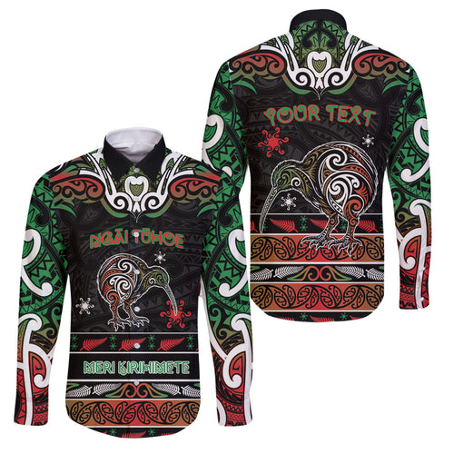 Personalised Ngai Tuhoe Aotearoa Meri Kirihimete Family Matching Off The Shoulder Long Sleeve Dress and Hawaiian Shirt Maori Kiwi Bird Silver Fern Koru Pattern