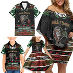 Personalised Ngai Tuhoe Aotearoa Meri Kirihimete Family Matching Off Shoulder Short Dress and Hawaiian Shirt Maori Kiwi Bird Silver Fern Koru Pattern