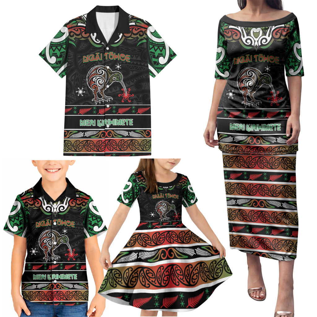 Personalised Ngai Tuhoe Aotearoa Meri Kirihimete Family Matching Puletasi and Hawaiian Shirt Maori Kiwi Bird Silver Fern Koru Pattern