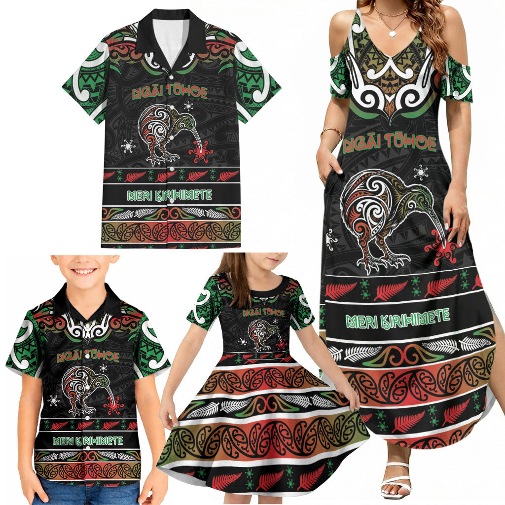 Personalised Ngai Tuhoe Aotearoa Meri Kirihimete Family Matching Summer Maxi Dress and Hawaiian Shirt Maori Kiwi Bird Silver Fern Koru Pattern