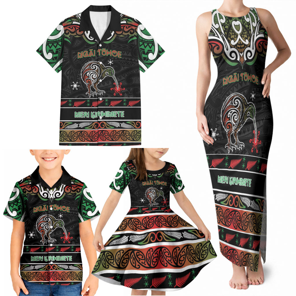 Personalised Ngai Tuhoe Aotearoa Meri Kirihimete Family Matching Tank Maxi Dress and Hawaiian Shirt Maori Kiwi Bird Silver Fern Koru Pattern