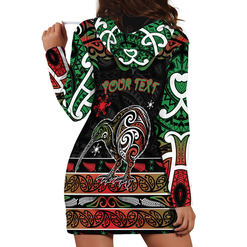 Personalised Ngai Tuhoe Aotearoa Meri Kirihimete Hoodie Dress Maori Kiwi Bird Silver Fern Koru Pattern