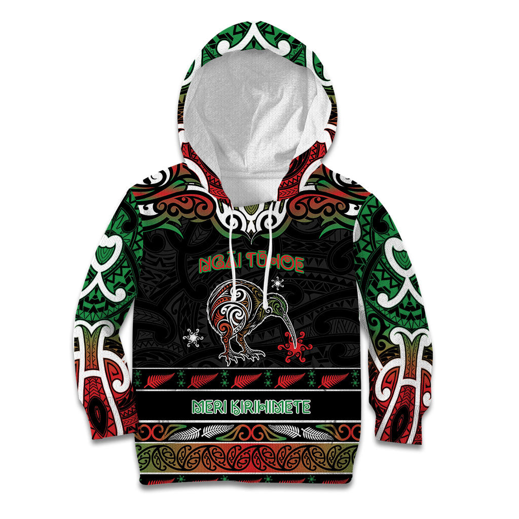 Personalised Ngai Tuhoe Aotearoa Meri Kirihimete Kid Hoodie Maori Kiwi Bird Silver Fern Koru Pattern