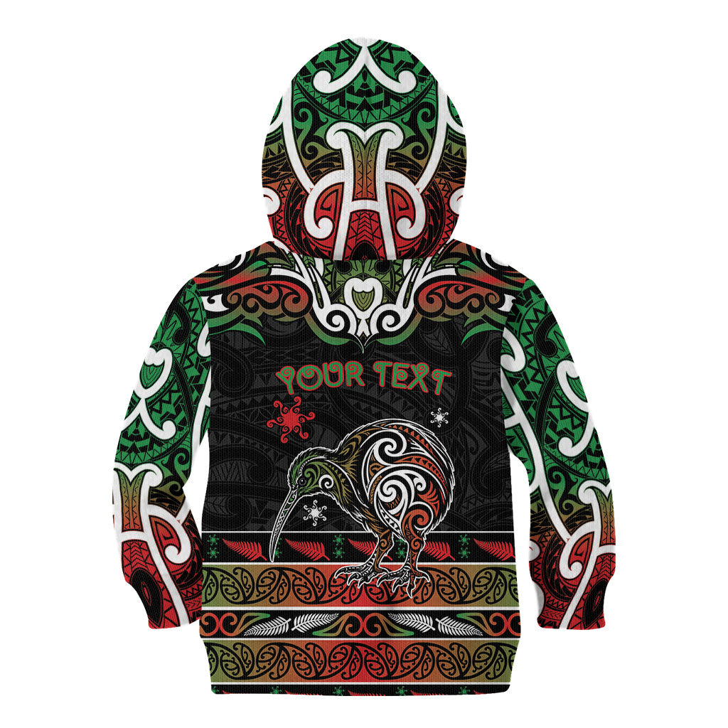 Personalised Ngai Tuhoe Aotearoa Meri Kirihimete Kid Hoodie Maori Kiwi Bird Silver Fern Koru Pattern