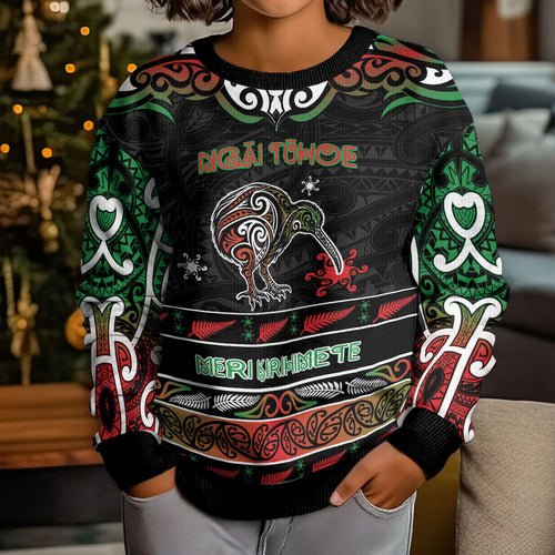 Personalised Ngai Tuhoe Aotearoa Meri Kirihimete Kid Ugly Christmas Sweater Maori Kiwi Bird Silver Fern Koru Pattern
