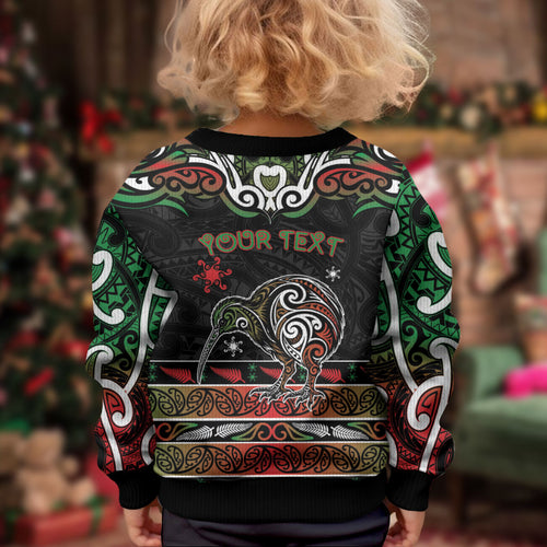 Personalised Ngai Tuhoe Aotearoa Meri Kirihimete Kid Ugly Christmas Sweater Maori Kiwi Bird Silver Fern Koru Pattern
