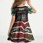 Personalised Ngai Tuhoe Aotearoa Meri Kirihimete Kid Short Sleeve Dress Maori Kiwi Bird Silver Fern Koru Pattern
