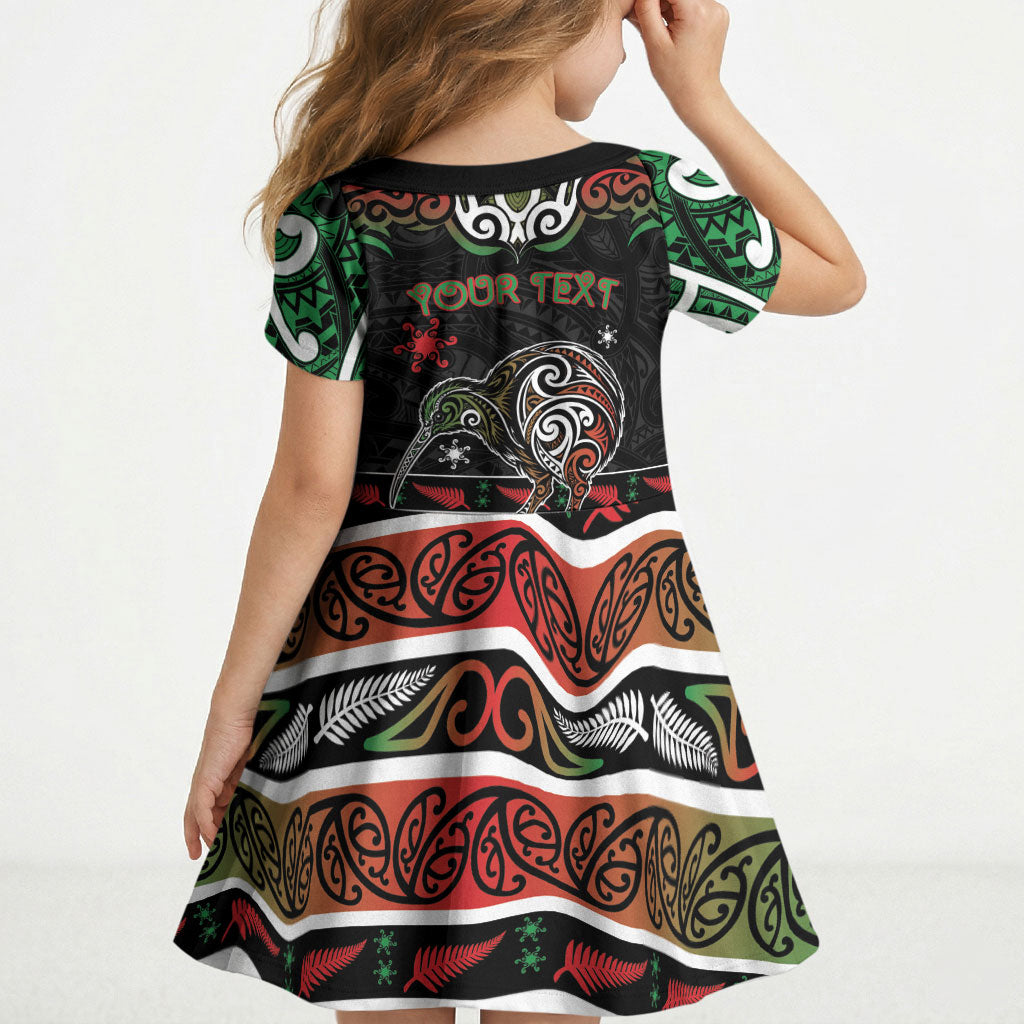 Personalised Ngai Tuhoe Aotearoa Meri Kirihimete Kid Short Sleeve Dress Maori Kiwi Bird Silver Fern Koru Pattern