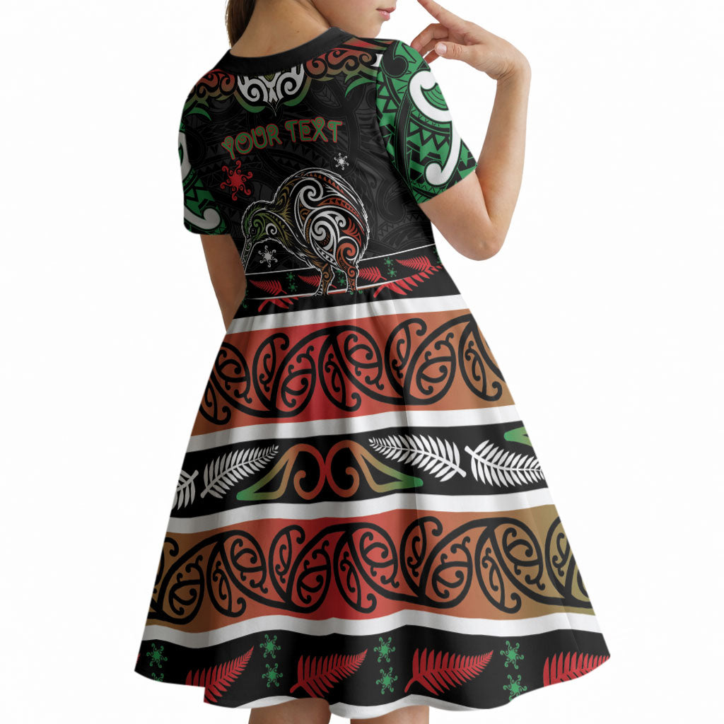 Personalised Ngai Tuhoe Aotearoa Meri Kirihimete Kid Short Sleeve Dress Maori Kiwi Bird Silver Fern Koru Pattern
