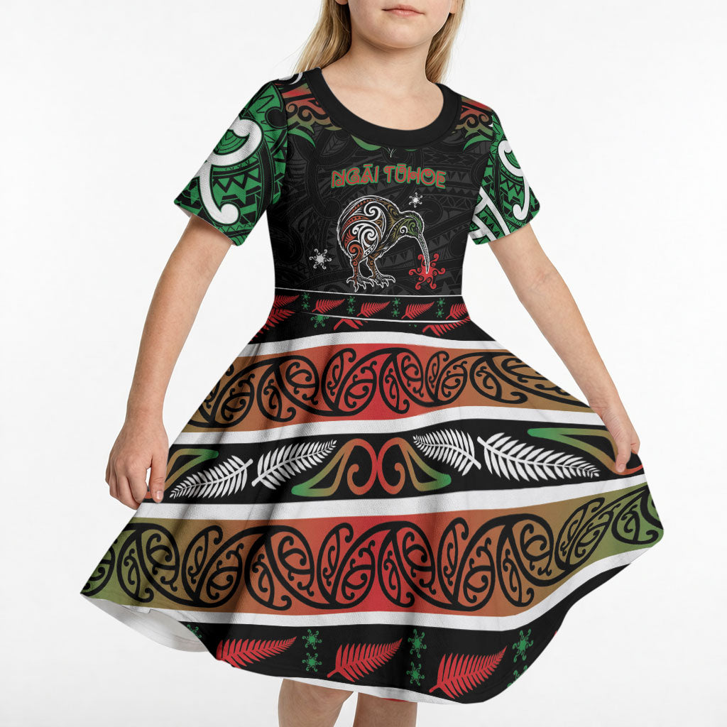 Personalised Ngai Tuhoe Aotearoa Meri Kirihimete Kid Short Sleeve Dress Maori Kiwi Bird Silver Fern Koru Pattern