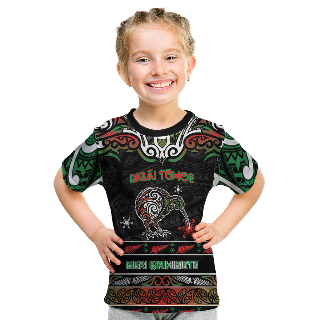 Personalised Ngai Tuhoe Aotearoa Meri Kirihimete Kid T Shirt Maori Kiwi Bird Silver Fern Koru Pattern