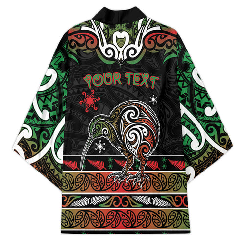 Personalised Ngai Tuhoe Aotearoa Meri Kirihimete Kimono Maori Kiwi Bird Silver Fern Koru Pattern