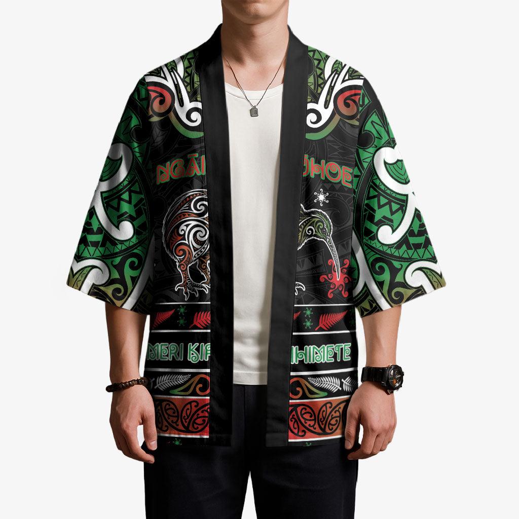 Personalised Ngai Tuhoe Aotearoa Meri Kirihimete Kimono Maori Kiwi Bird Silver Fern Koru Pattern