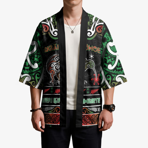 Personalised Ngai Tuhoe Aotearoa Meri Kirihimete Kimono Maori Kiwi Bird Silver Fern Koru Pattern