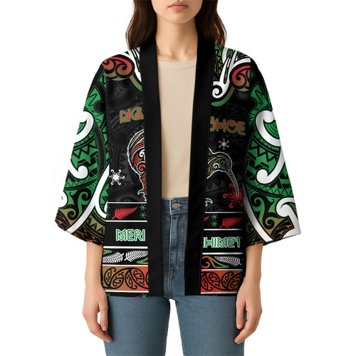 Personalised Ngai Tuhoe Aotearoa Meri Kirihimete Kimono Maori Kiwi Bird Silver Fern Koru Pattern
