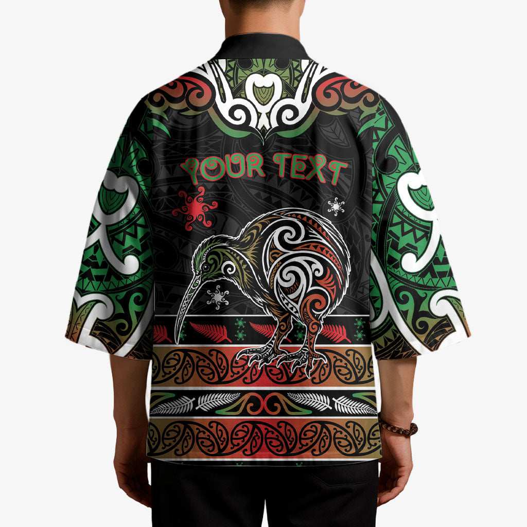 Personalised Ngai Tuhoe Aotearoa Meri Kirihimete Kimono Maori Kiwi Bird Silver Fern Koru Pattern