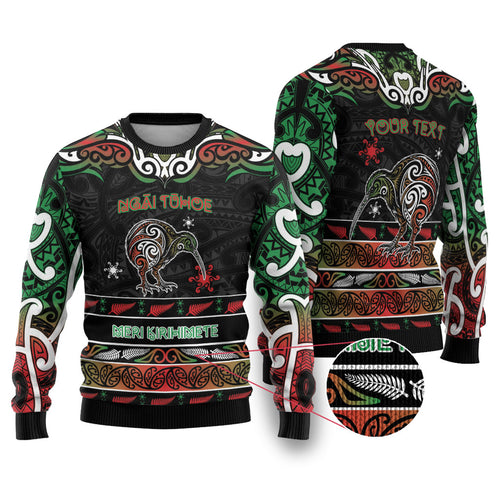Personalised Ngai Tuhoe Aotearoa Meri Kirihimete Ugly Christmas Sweater Maori Kiwi Bird Silver Fern Koru Pattern